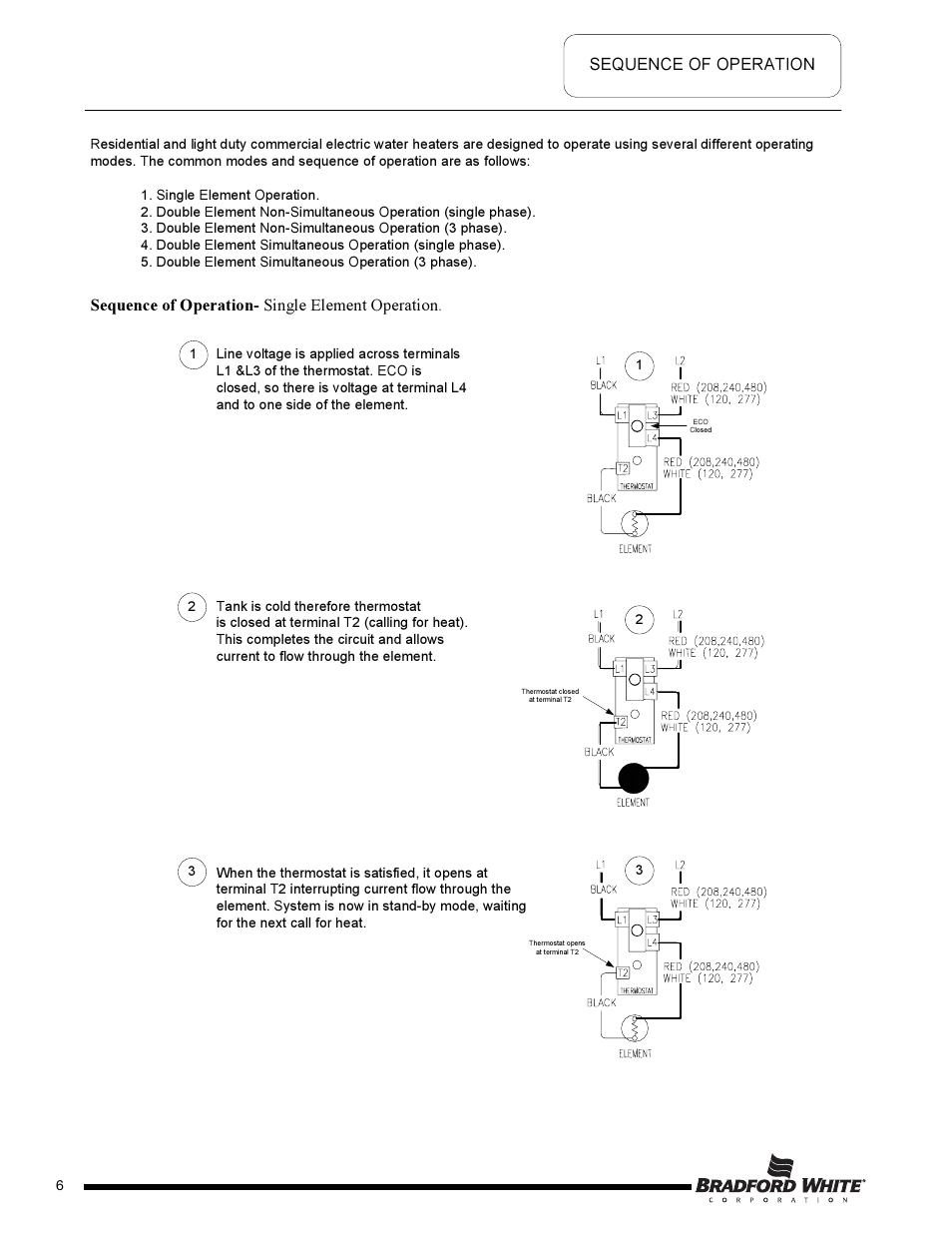 Sequence of operation, Sequence of operation- single element operation, Page 6 | Bradford White DB-80R3DS User Manual | Page 6 / 40