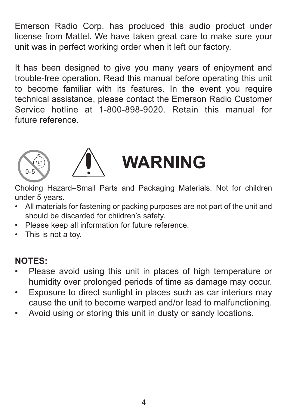 Warning | Emerson Radio Barbie TUNE BLOSSOM BAR100 User Manual | Page 5 / 21