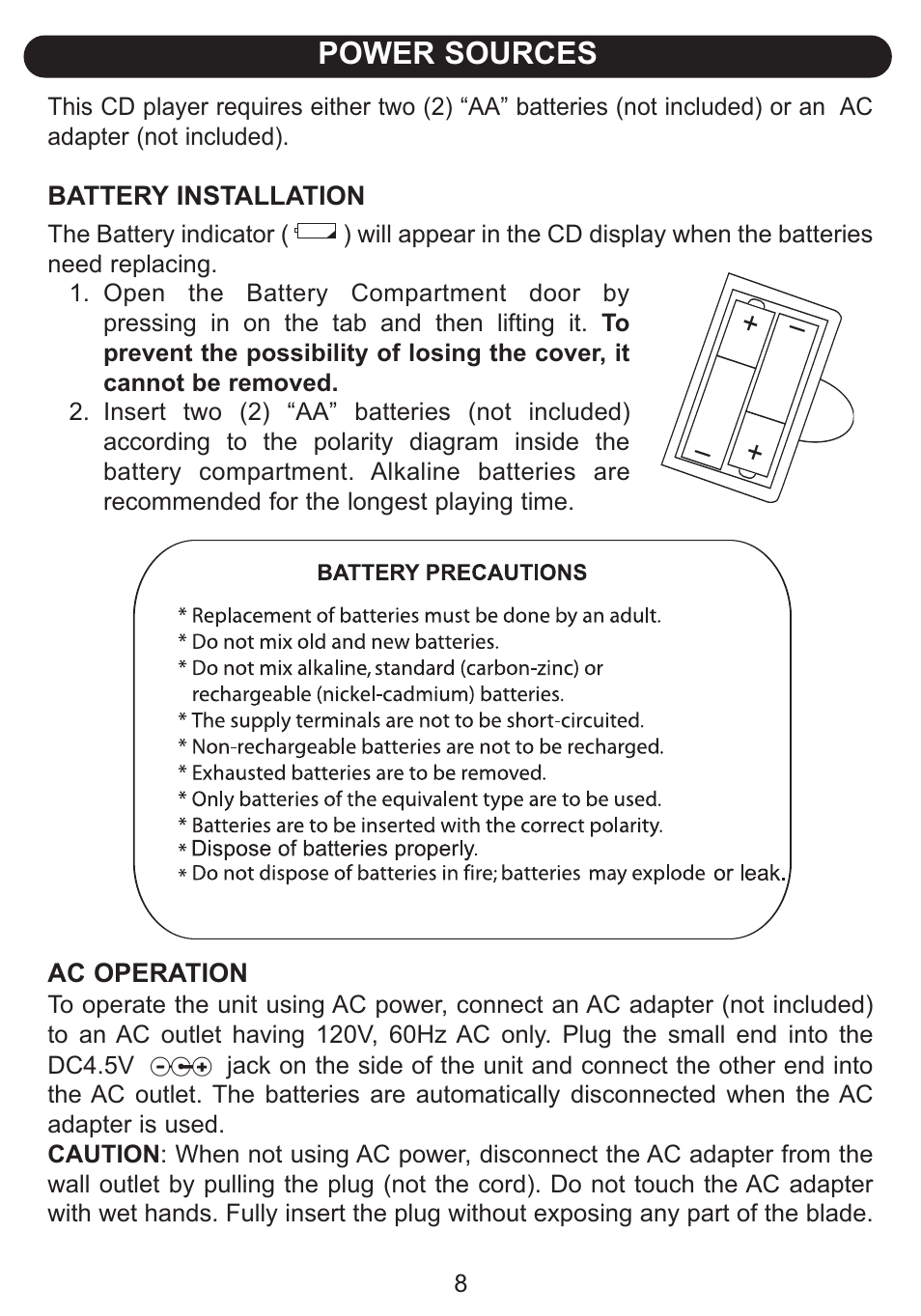 Power sources | Emerson Radio Barbie TUNE BLOSSOM BAR100 User Manual | Page 9 / 21