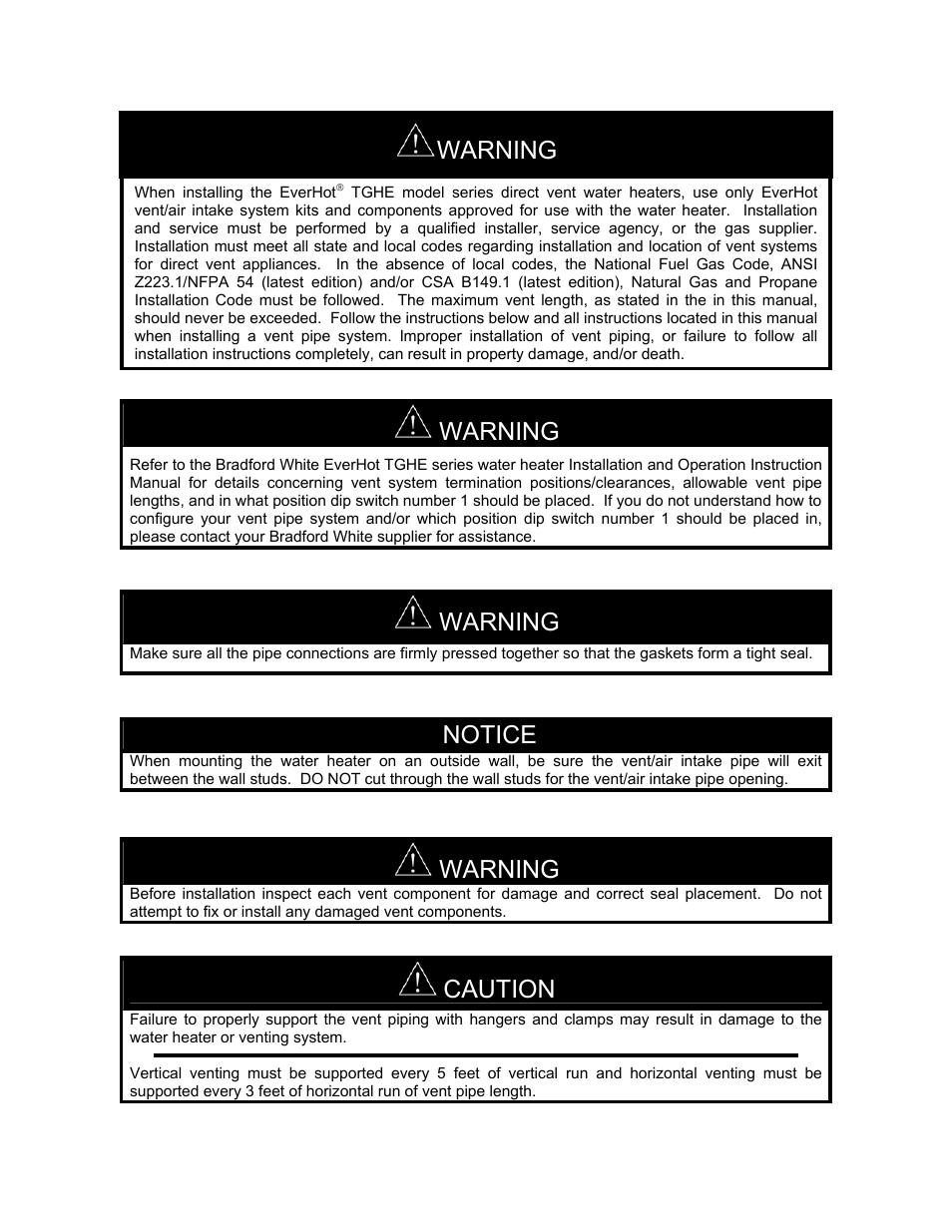 Warning, Notice, Caution | Bradford White TGHE-199I-N User Manual | Page 30 / 80