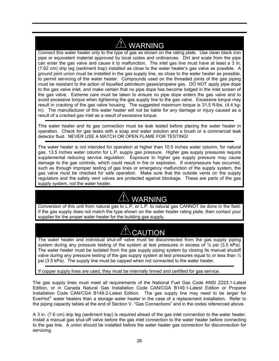 Warning, Caution | Bradford White TGHE-199E-N User Manual | Page 26 / 64