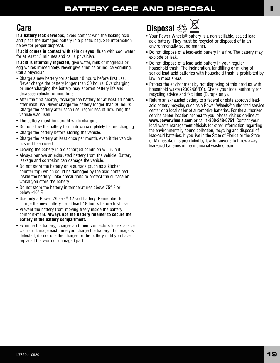 Care, Disposal, Battery care and disposal | Barbie L7820 User Manual | Page 19 / 28