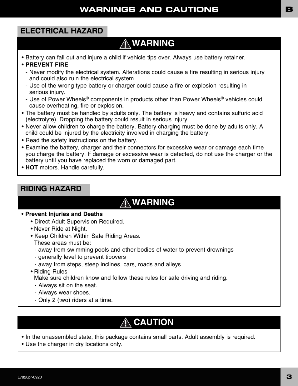 Warning caution, Warning, Riding hazard | Electrical hazard | Barbie L7820 User Manual | Page 3 / 28