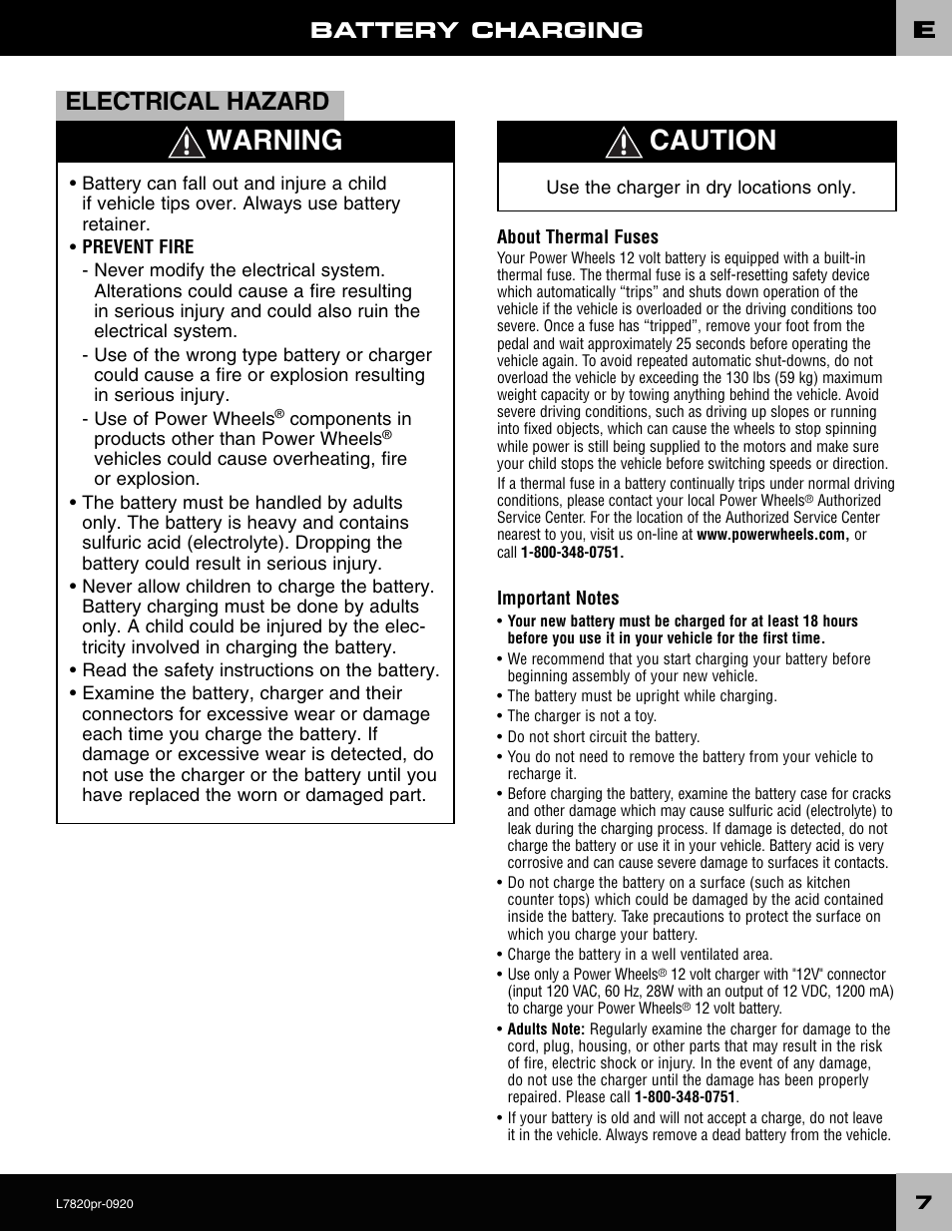 Warning caution, Electrical hazard, Battery charging | Barbie L7820 User Manual | Page 7 / 28