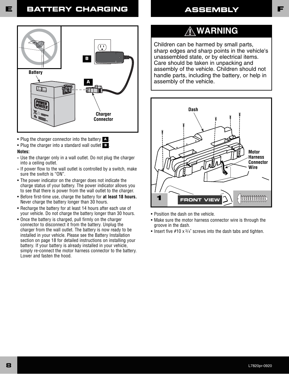 Warning, 1assembly battery charging | Barbie L7820 User Manual | Page 8 / 28