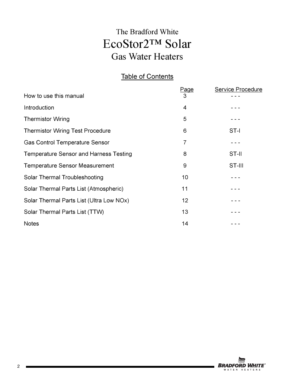 Ecostor2™ solar, Gas water heaters, The bradford white | Bradford White S-DW2-TW-75T6BN User Manual | Page 2 / 16
