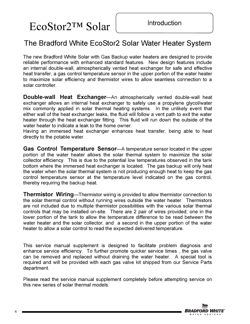 Ecostor2™ solar, Introduction | Bradford White S-DW2-TW-75T6BN User Manual | Page 4 / 16
