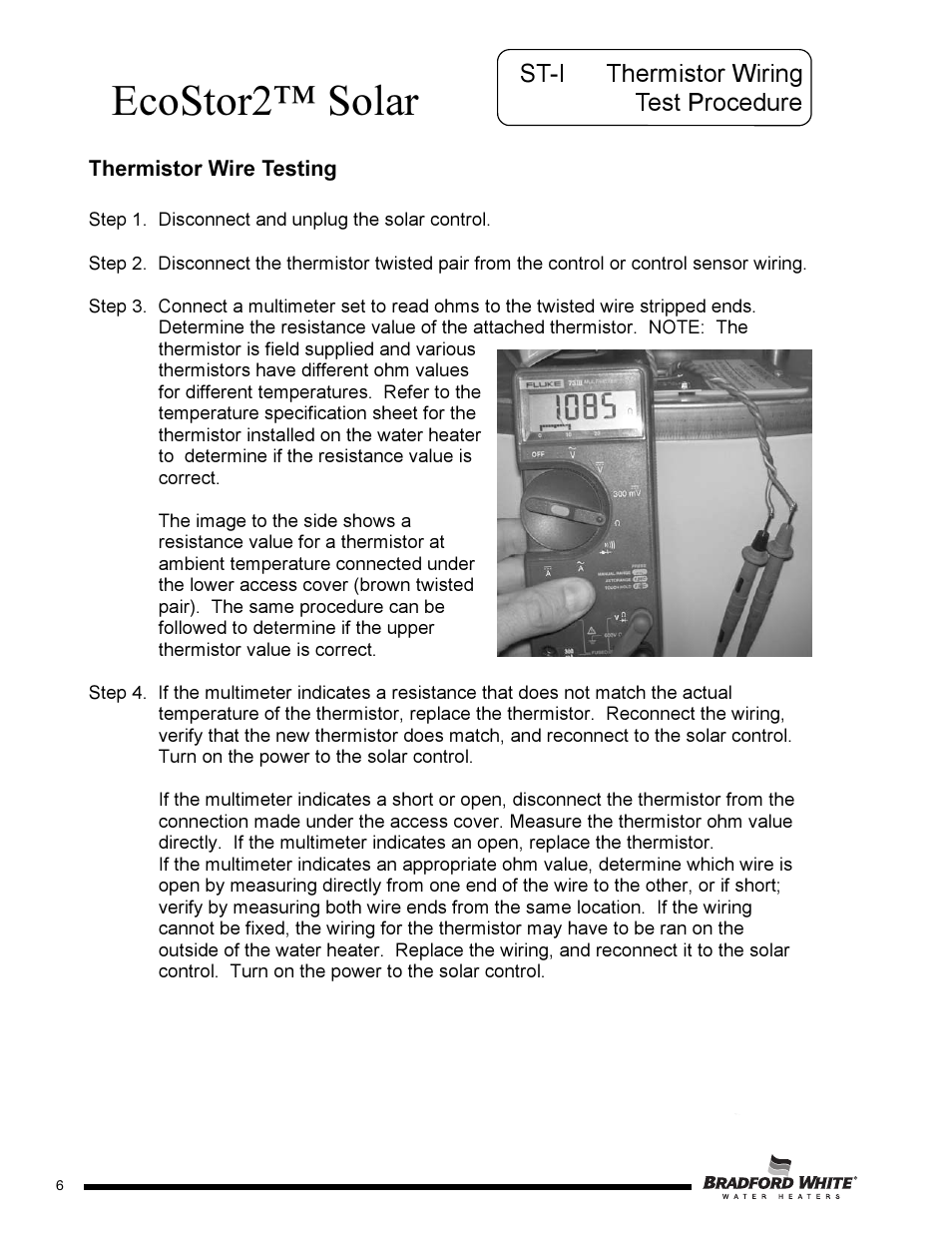 Ecostor2™ solar, St-i thermistor wiring test procedure | Bradford White S-DW2-TW-75T6BN User Manual | Page 6 / 16