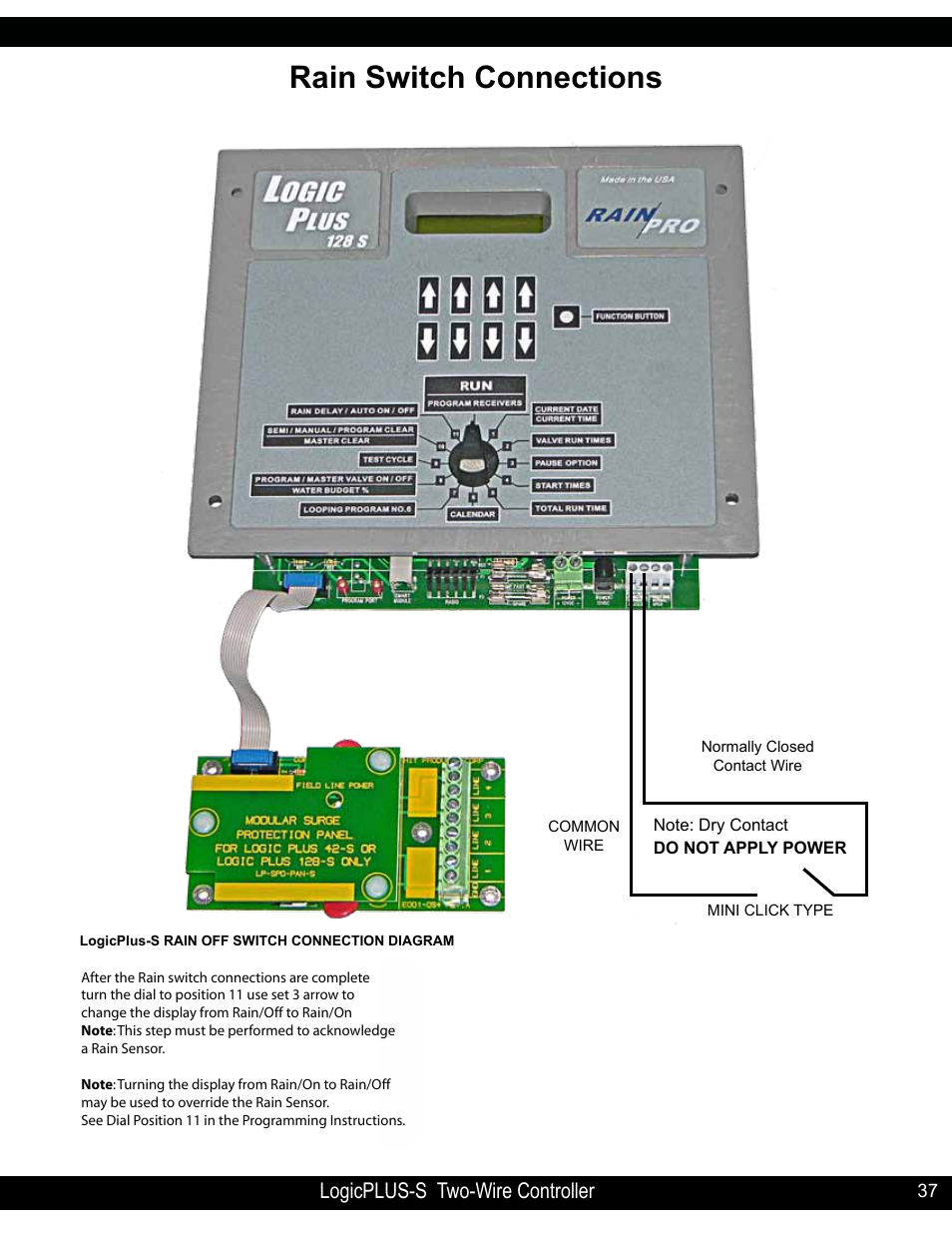 Rain switch connections, Logicplus-s two-wire controller | Hit Products LogicPLUS S 42/128 User Manual | Page 37 / 45