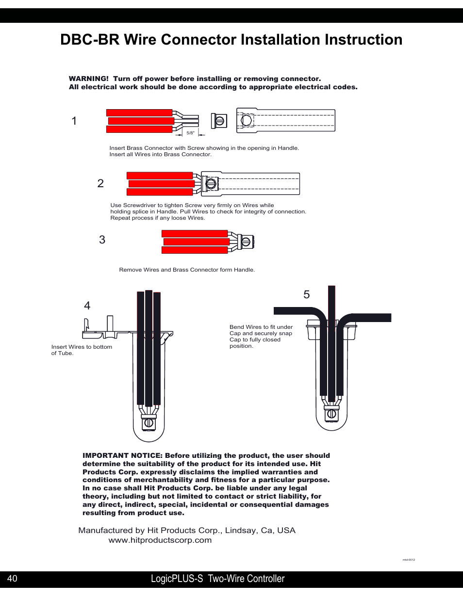 Dbc-br wire connector installation instruction, Dbc-br wire connector installation instructions, Logicplus-s two-wire controller | Hit Products LogicPLUS S 42/128 User Manual | Page 40 / 45