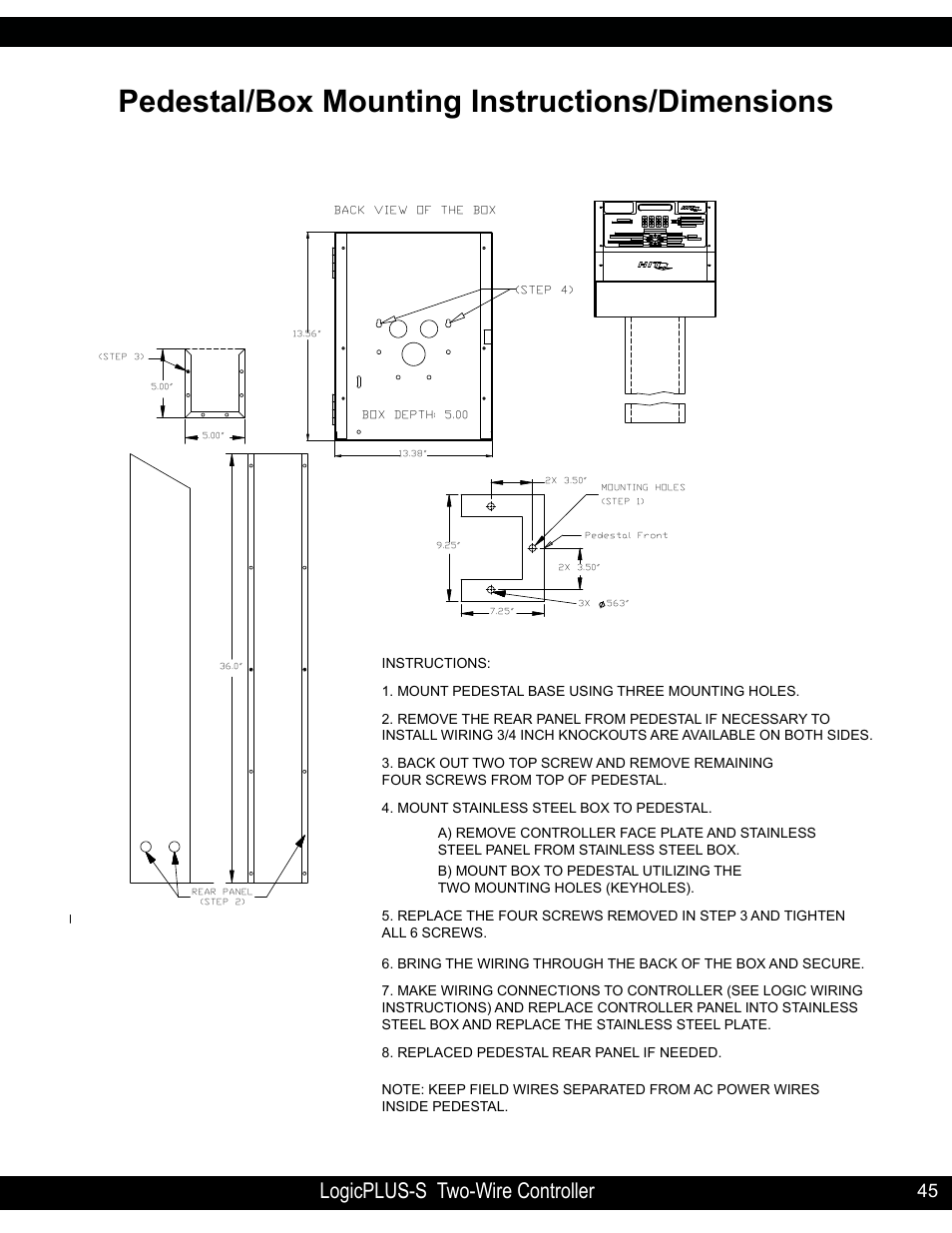Pedestal/box mounting instructions/dimensions, Logicplus-s two-wire controller | Hit Products LogicPLUS S 42/128 User Manual | Page 45 / 45