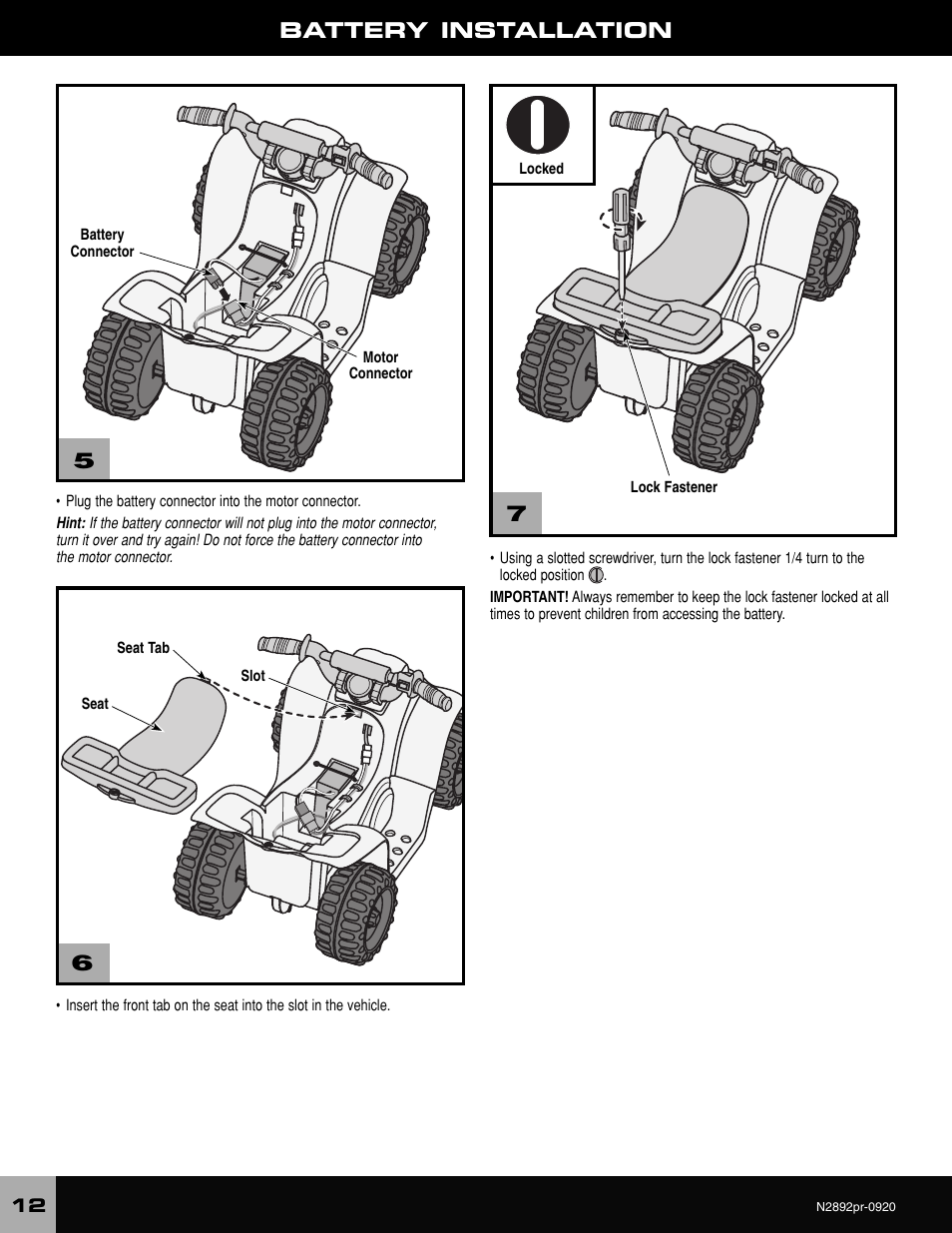 56 7 battery installation | Barbie LIL' QUAD N2892 User Manual | Page 12 / 20