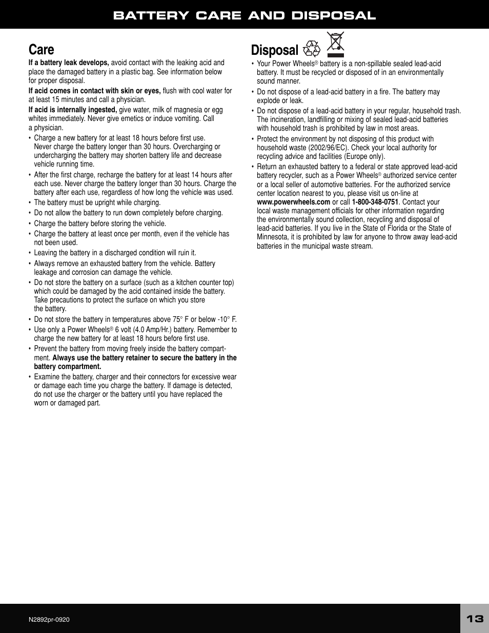 Care, Disposal, Battery care and disposal | Barbie LIL' QUAD N2892 User Manual | Page 13 / 20