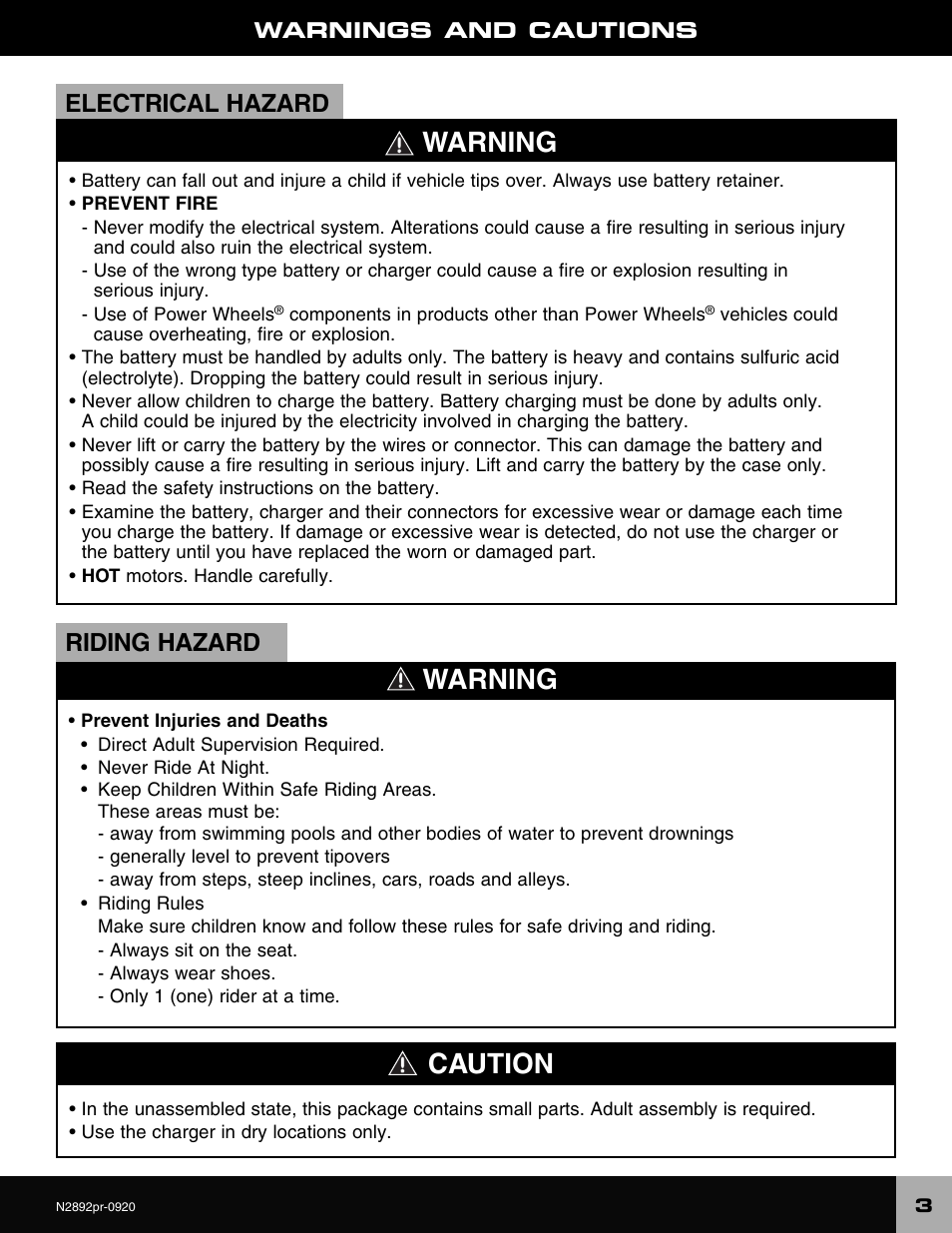 Warning caution, Warning, Electrical hazard | Riding hazard | Barbie LIL' QUAD N2892 User Manual | Page 3 / 20