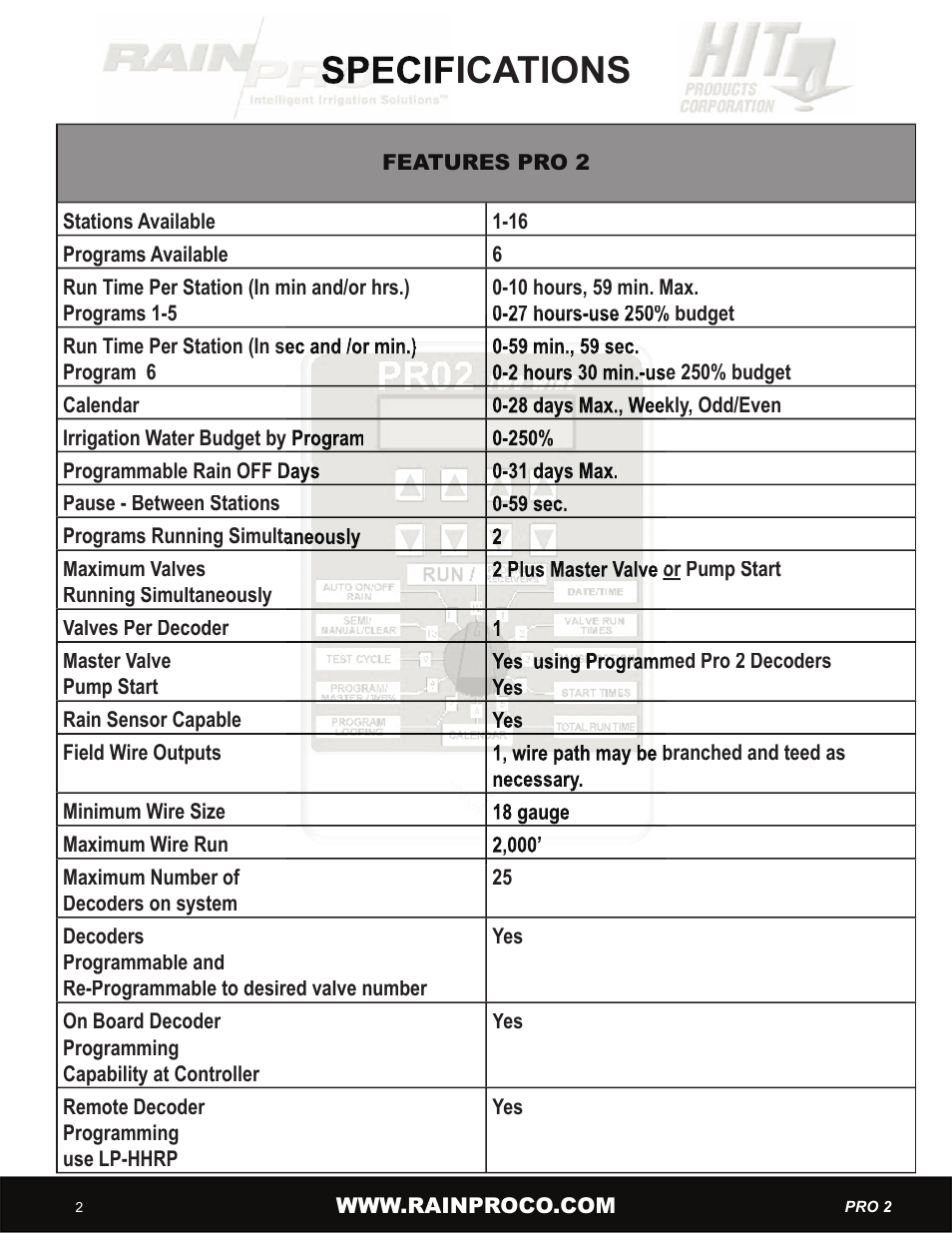 Specifications | Hit Products Pro-Two User Manual | Page 4 / 28