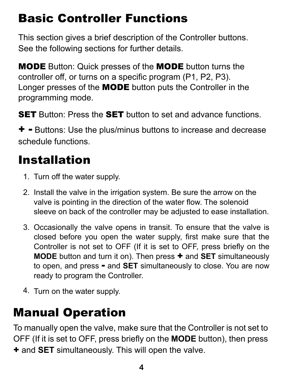 Basic controller functions, Installation, Manual operation | Hit Products RainPro Battery Operated Controller User Manual | Page 5 / 16