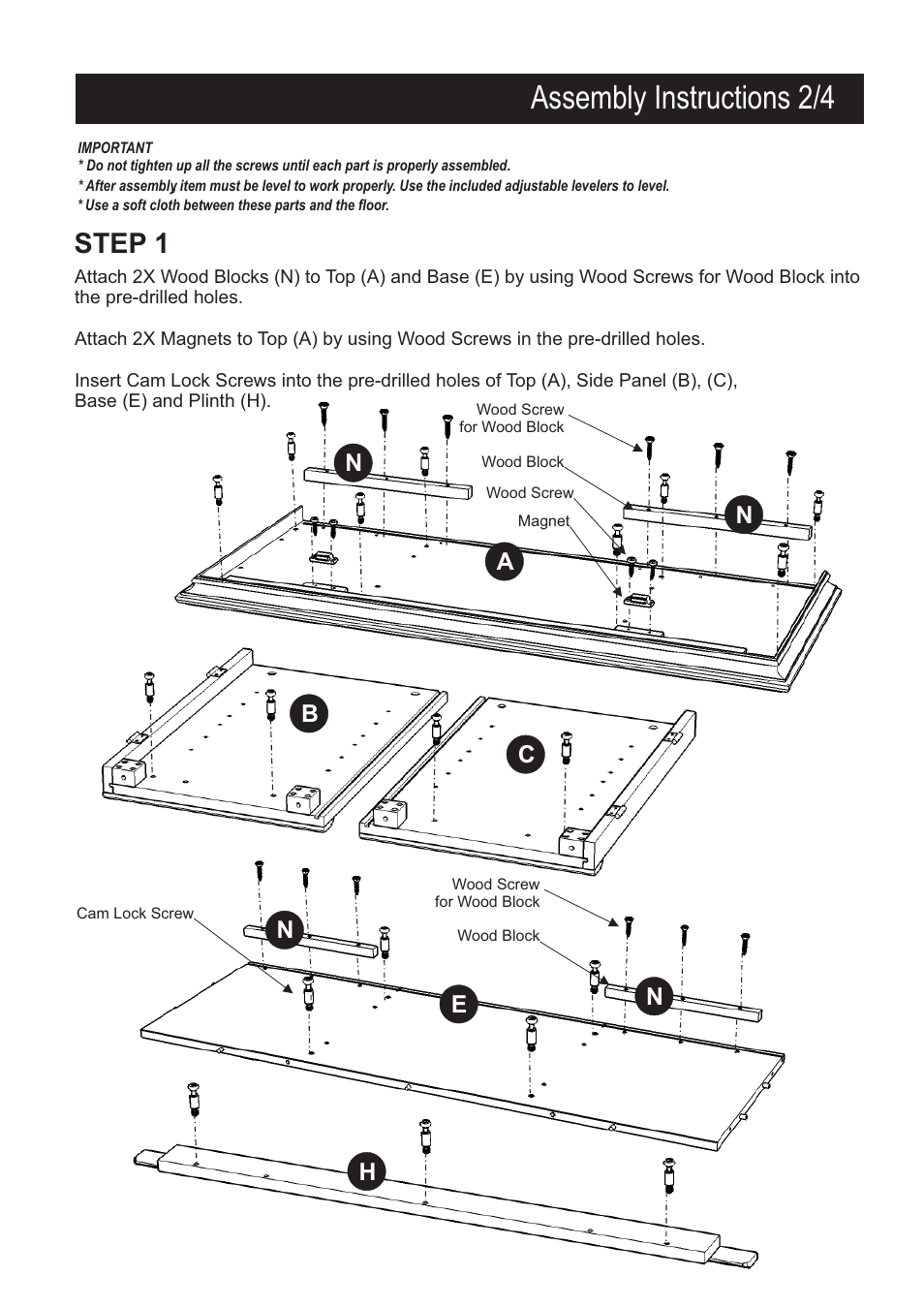 Assembly instructions 2/4, Step 1, Bc e h | Home Styles 5542-09 User Manual | Page 2 / 4