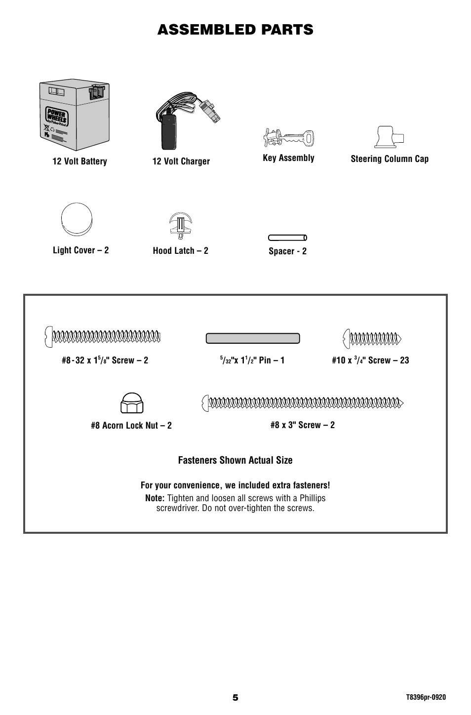 Assembled parts, Fasteners shown actual size | Barbie JAMMIN' JEEP T8396 User Manual | Page 5 / 24