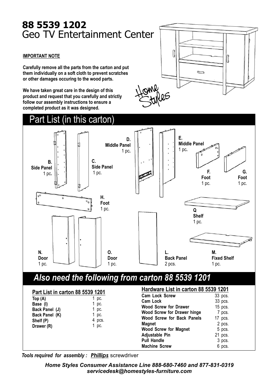 Part list (in this carton), Geo tv entertainment center | Home Styles 5539-120 User Manual | Page 2 / 6