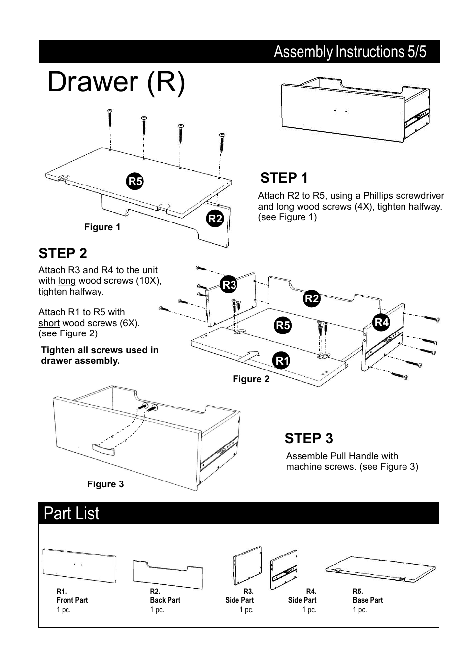 Drawer (r), Part list, Assembly instructions 5/5 | Step 1 step 2 step 3 | Home Styles 5539-120 User Manual | Page 6 / 6