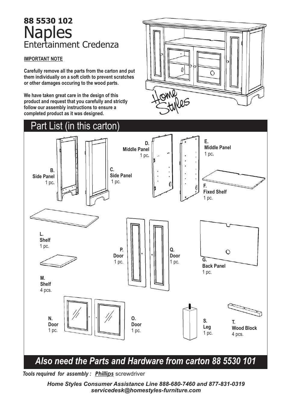 Naples, Part list (in this carton), Entertainment credenza | Home Styles 5530-10 User Manual | Page 2 / 5