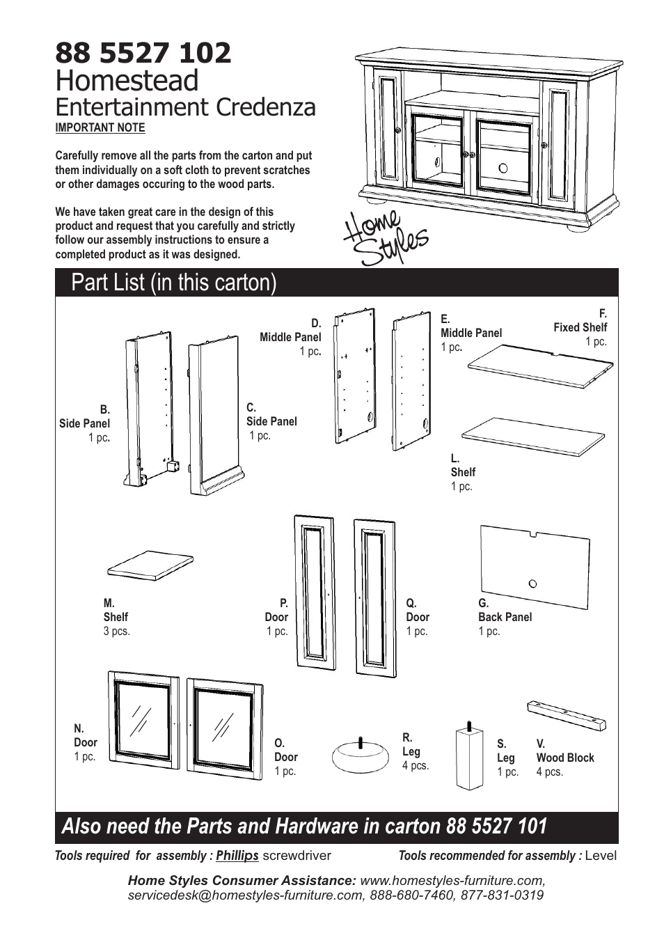 Homestead, Part list (in this carton), Entertainment credenza | Home Styles 5527-10 User Manual | Page 2 / 6
