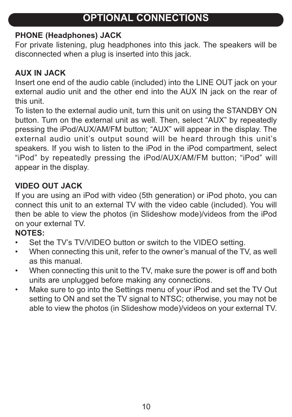 Optional connections | Emerson Radio Barbie Petal Sound System for iPod BAR710 User Manual | Page 11 / 27