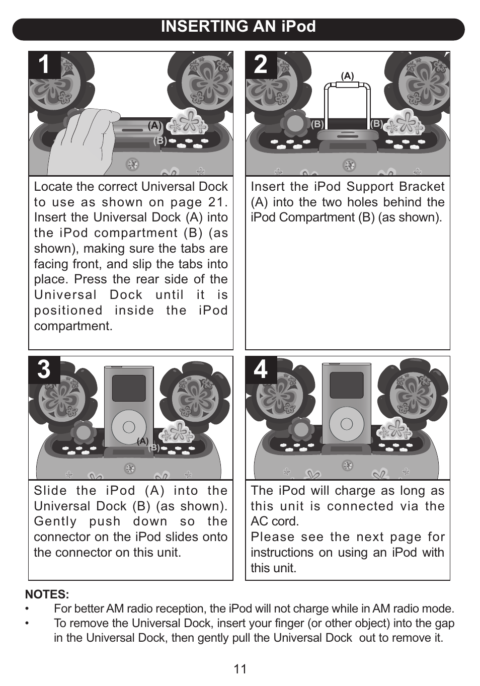Inserting an ipod | Emerson Radio Barbie Petal Sound System for iPod BAR710 User Manual | Page 12 / 27