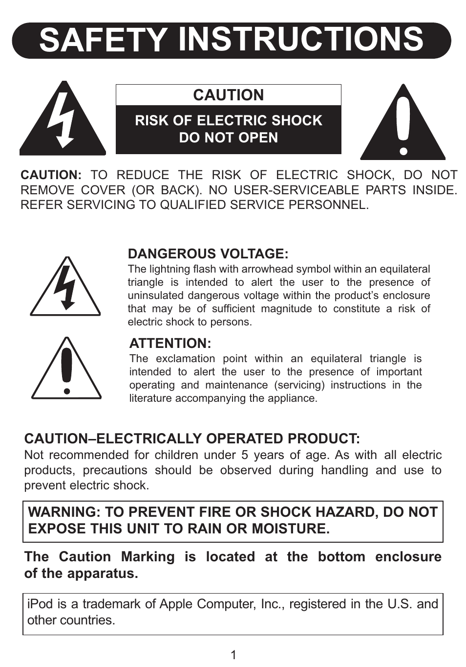 Safety instructions, Caution | Emerson Radio Barbie Petal Sound System for iPod BAR710 User Manual | Page 2 / 27