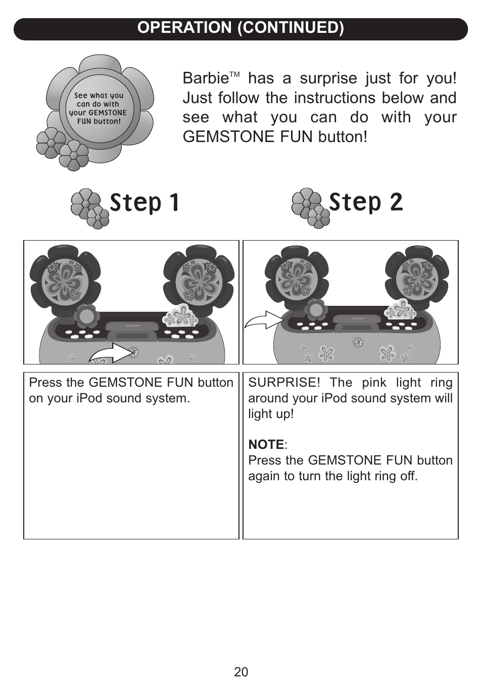 Operation (continued), Barbie | Emerson Radio Barbie Petal Sound System for iPod BAR710 User Manual | Page 21 / 27