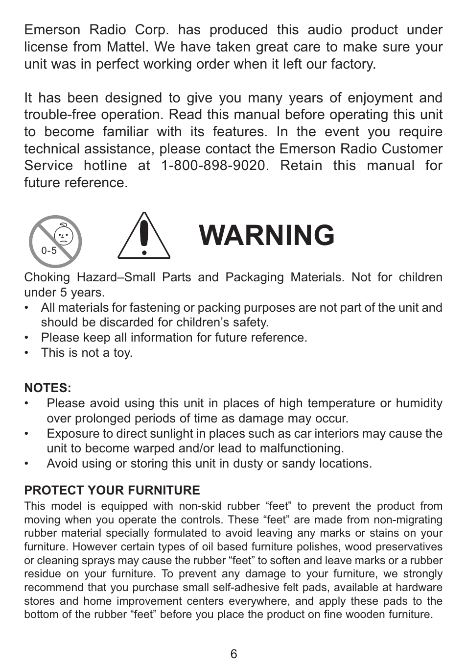 Warning | Emerson Radio Barbie Petal Sound System for iPod BAR710 User Manual | Page 7 / 27