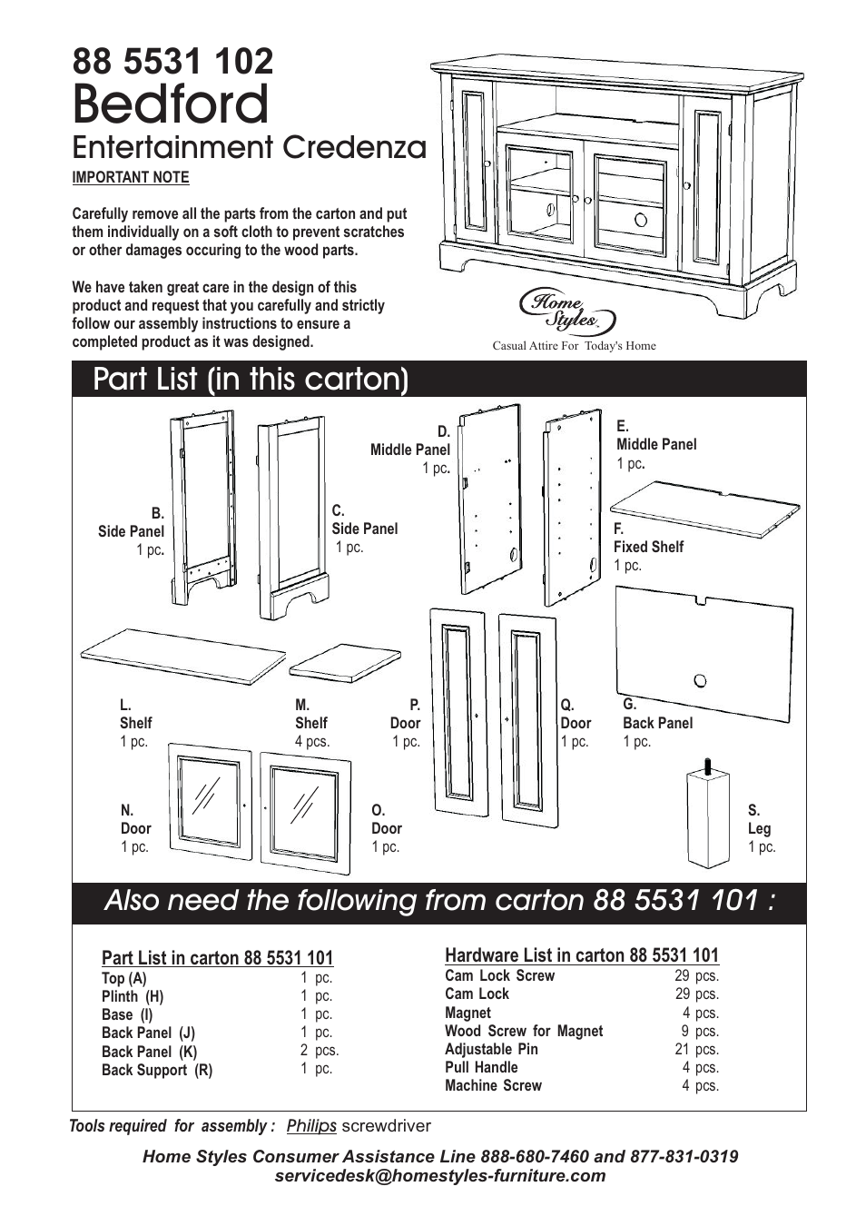 Bedford, Part list (in this carton), Entertainment credenza | Home Styles 5531-10 User Manual | Page 2 / 5