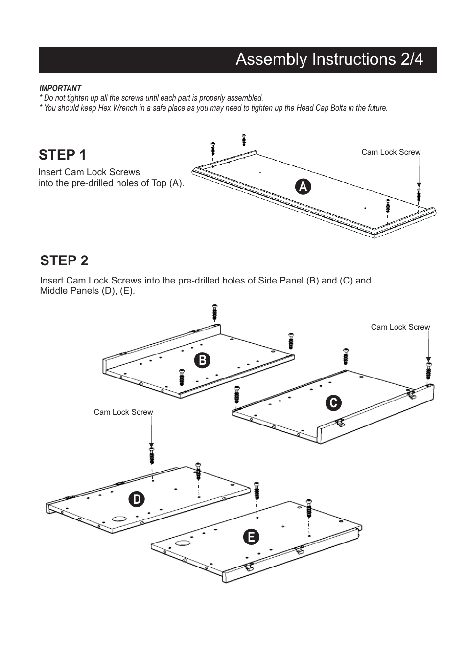 Assembly instructions 2/4, Step 1, Step 2 | Ab c d e | Home Styles 5180-10 User Manual | Page 3 / 5