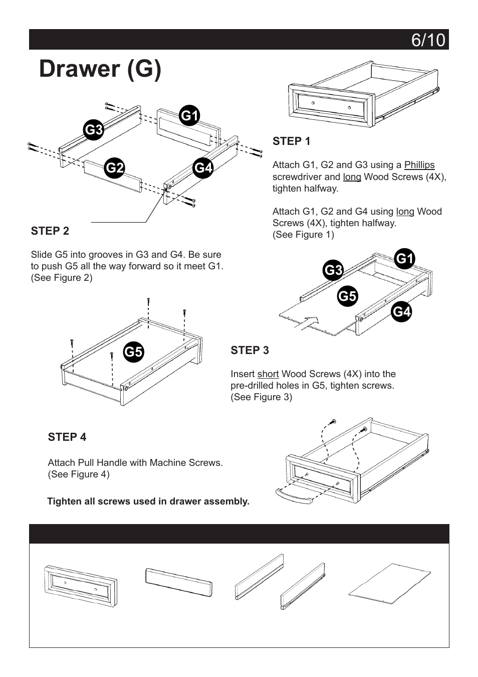 Drawer (g), Assembly instructions 7 part list | Home Styles 5549-18 User Manual | Page 6 / 10