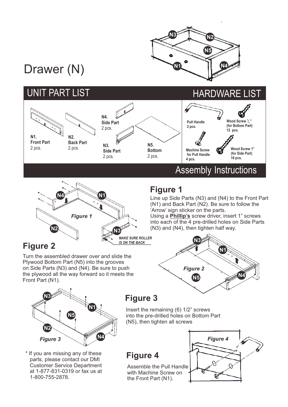 Drawer (n), Assembly instructions unit part list, Hardware list | Figure 2 figure 3 figure 4, Figure 1 | Home Styles 9200-1611 User Manual | Page 4 / 5