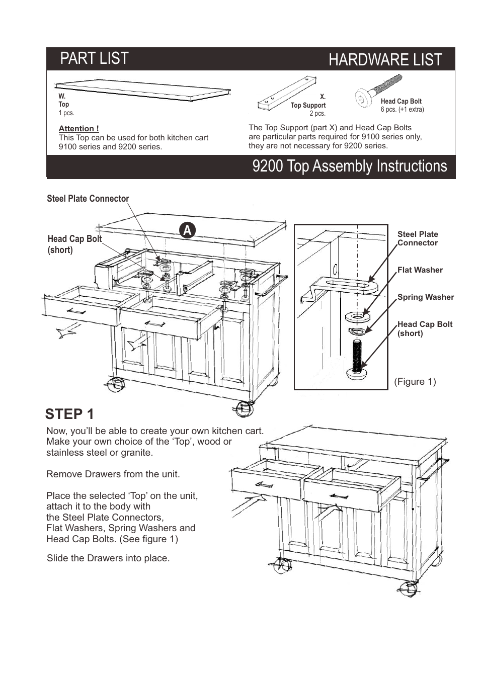 Part list hardware list, 9200 top assembly instructions, Step 1 | Home Styles 9200-1411 User Manual | Page 5 / 5