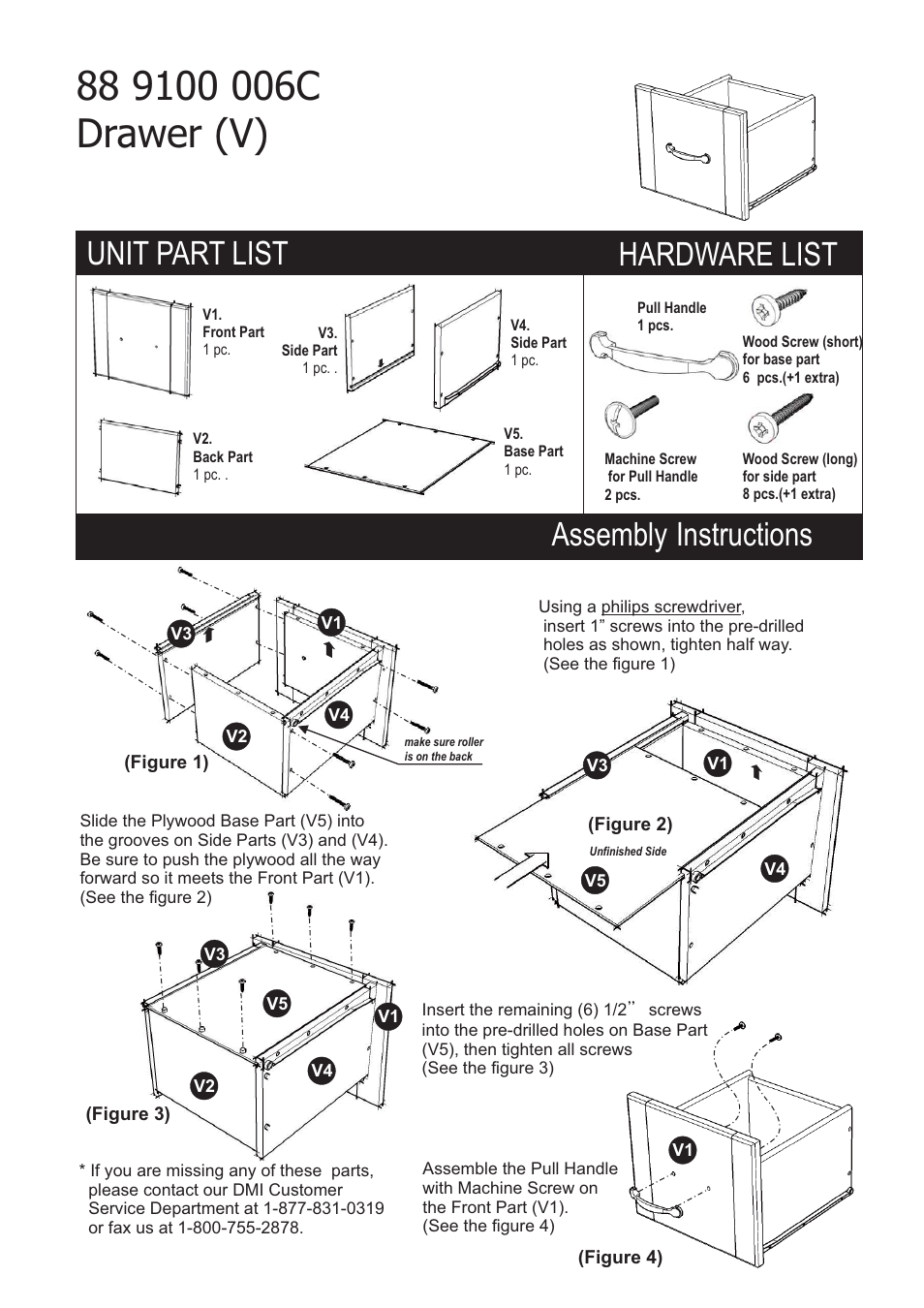 Hardware list, Unit part list, Assembly instructions | Home Styles 9100-1611 User Manual | Page 5 / 5