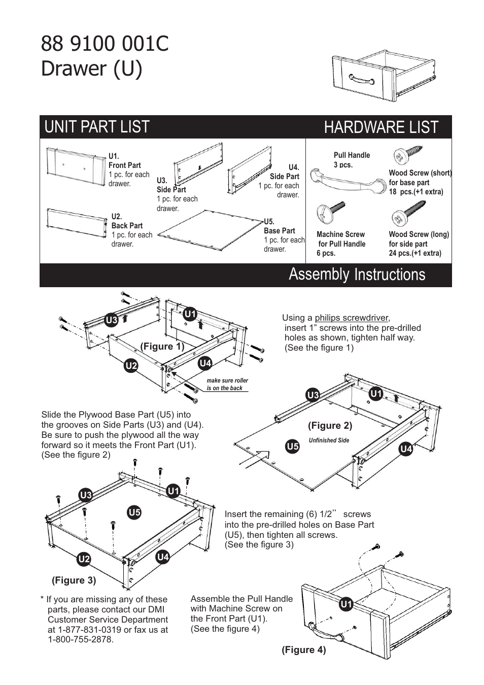 Assembly instructions, Hardware list, Unit part list | Home Styles 9100-1111 User Manual | Page 4 / 5
