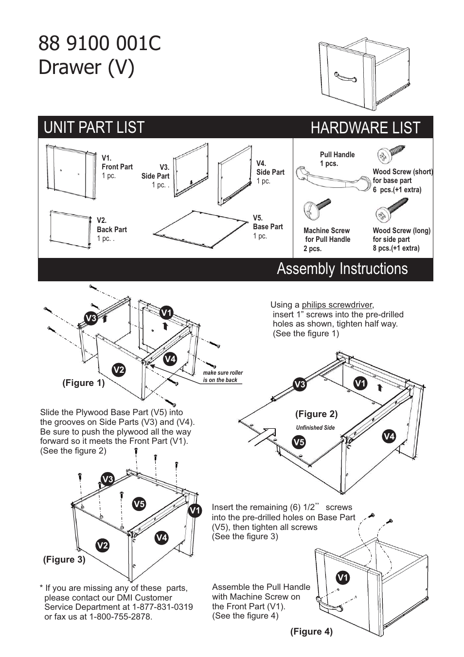 Hardware list, Unit part list, Assembly instructions | Home Styles 9100-1111 User Manual | Page 5 / 5