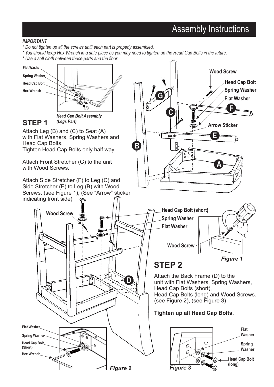 Assembly instructions, Step 2, Bc f g e | Step 1 | Home Styles 5033-949 User Manual | Page 2 / 2