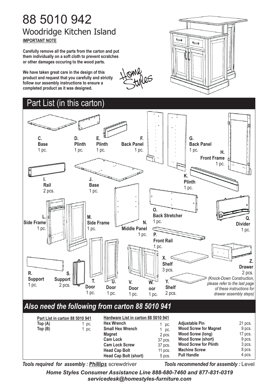 Part list (in this carton), Woodridge kitchen island | Home Styles 5010-94 User Manual | Page 2 / 7