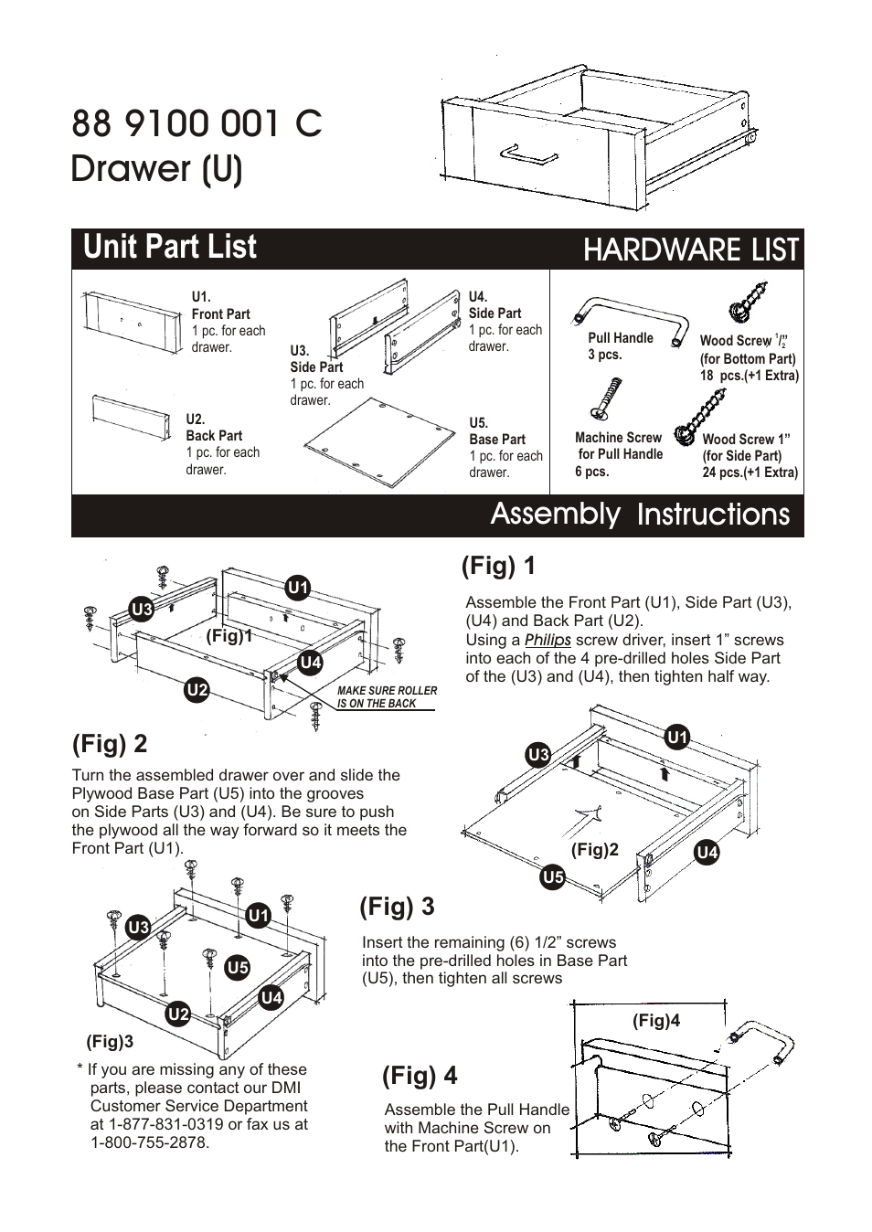 Unit part list, Hardware list, Assembly instructions | Fig) 2 (fig) 3 (fig) 4, Fig) 1 | Home Styles 9100-1011 User Manual | Page 4 / 5