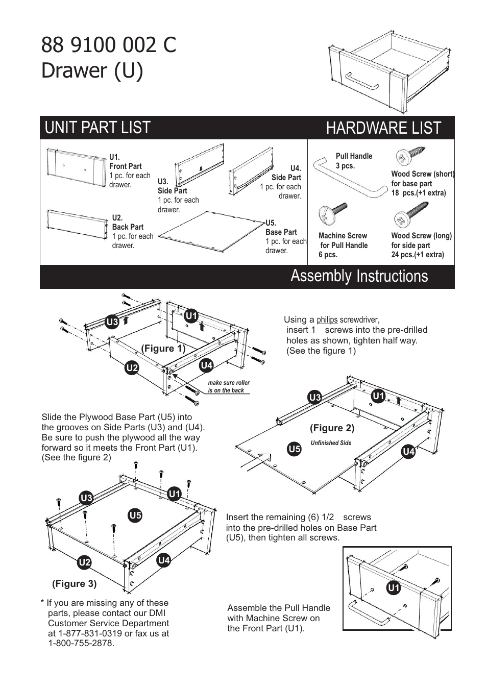 Assembly instructions, Hardware list, Unit part list | Home Styles 9100-1026G User Manual | Page 4 / 5