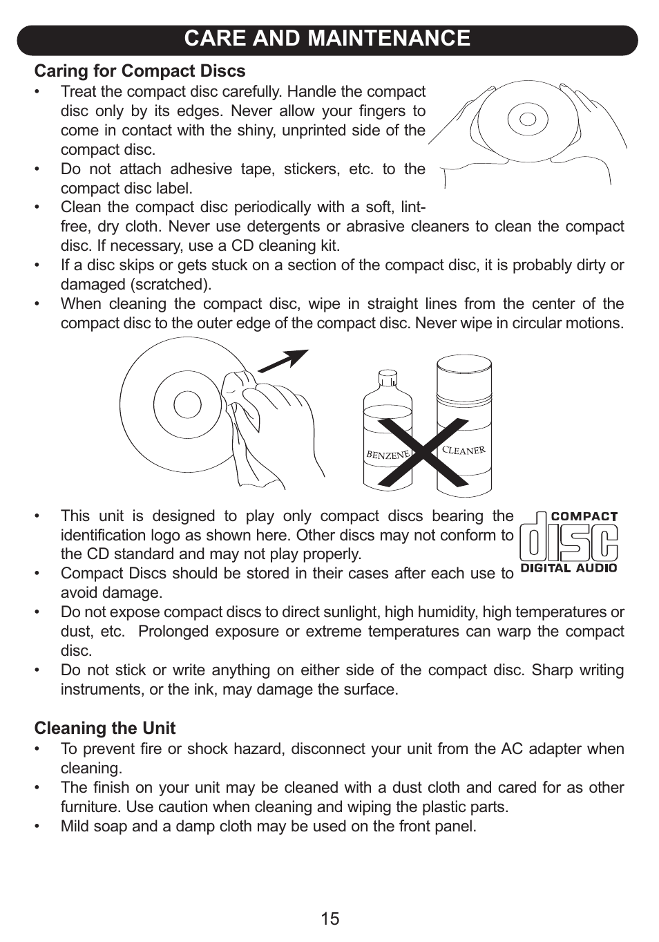 Care and maintenance | Emerson Radio Barbie BAR502 Floweroake CD Player with Dual Mircophone User Manual | Page 16 / 20