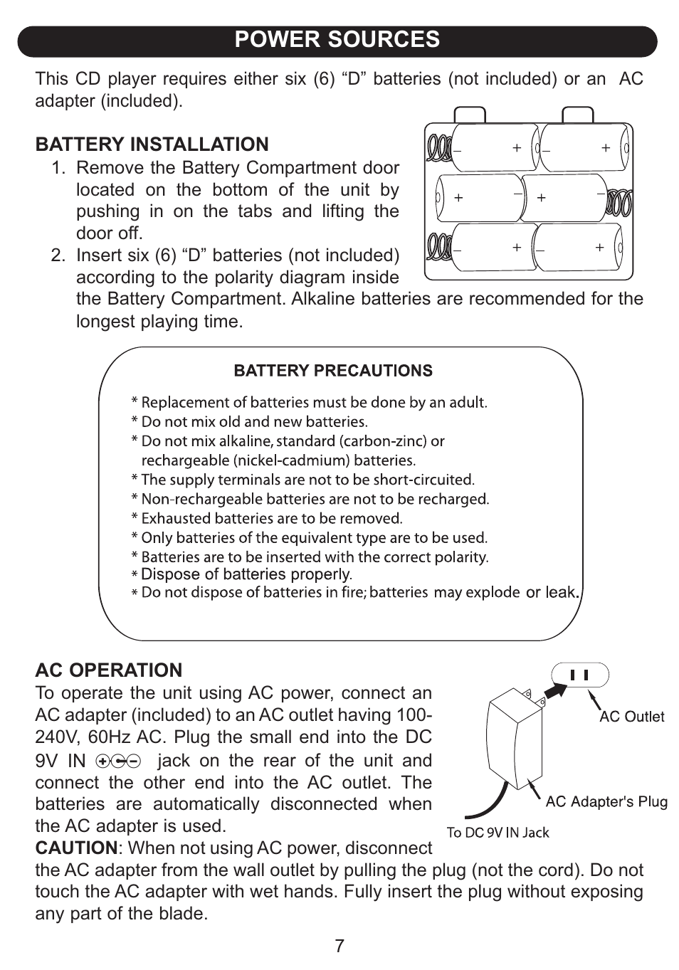 Power sources | Emerson Radio Barbie BAR502 Floweroake CD Player with Dual Mircophone User Manual | Page 8 / 20