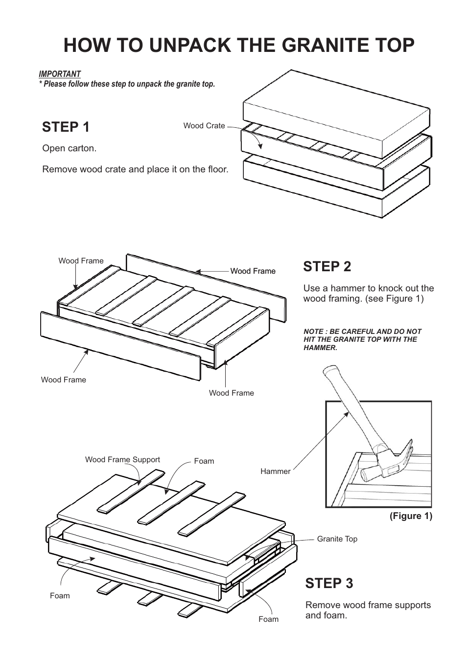 How to unpack the granite top, Step 3, Step 1 | Step 2 | Home Styles 5542-94 User Manual | Page 2 / 2