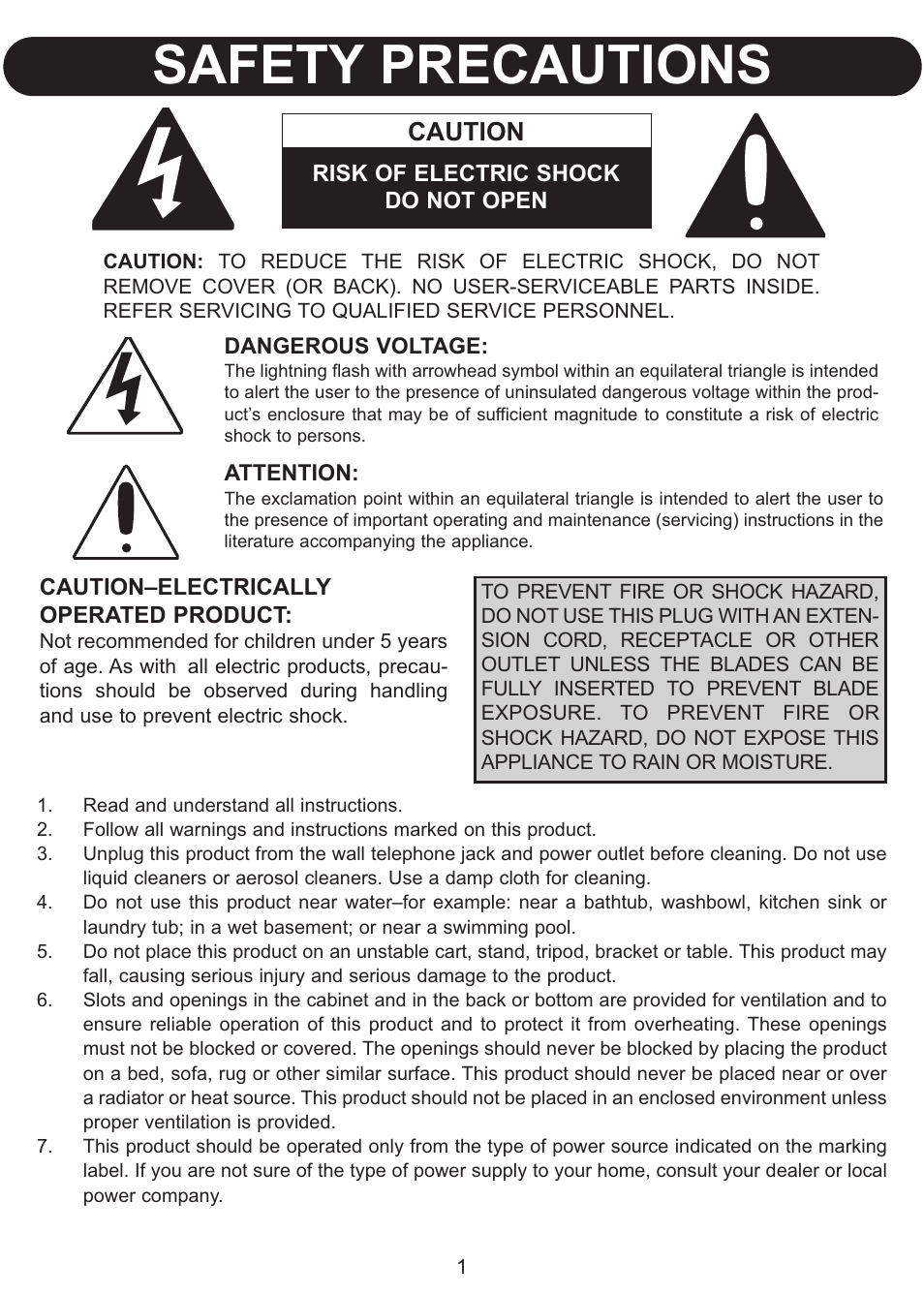 Safety precautions, Caution | Emerson Radio Barbie BLOSSOM PHONE BAR550 User Manual | Page 2 / 24