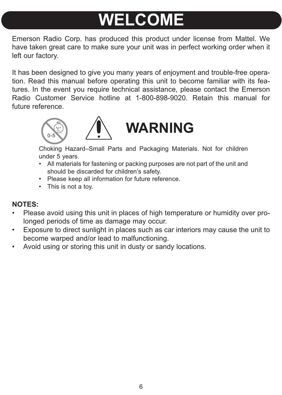 Welcome, Warning | Emerson Radio Barbie BLOSSOM PHONE BAR550 User Manual | Page 7 / 24