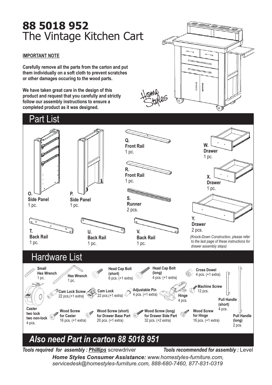 The vintage kitchen cart, Part list hardware list | Home Styles 5018-95 User Manual | Page 2 / 9