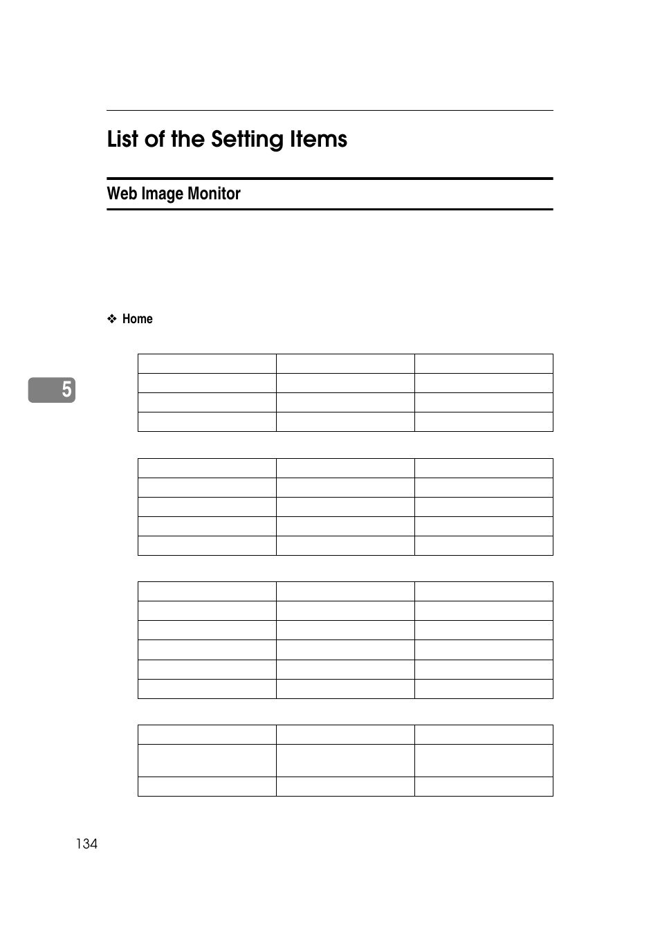 List of the setting items, Web image monitor, 5list of the setting items | Ricoh 7500 User Manual | Page 142 / 158